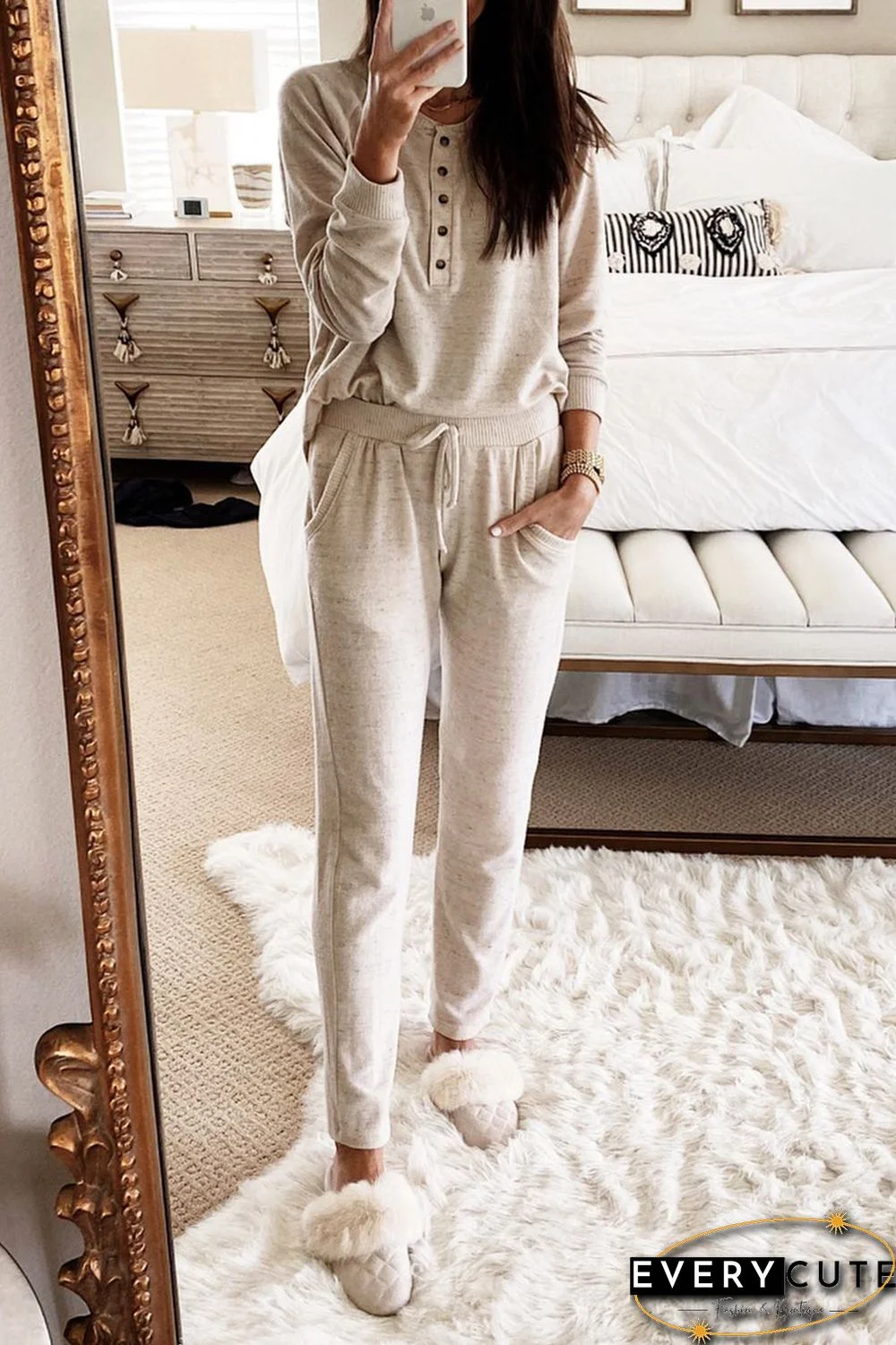 Apricot Long Sleeve Button Top and Drawstring Pants Set