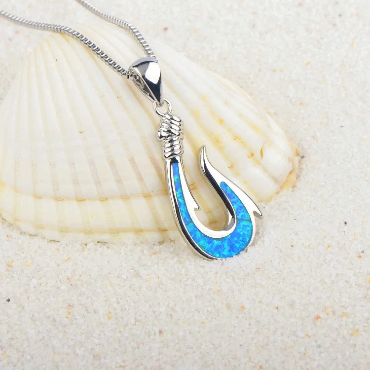 Olivenorma Blue Opal Fishhook Pendant Necklace