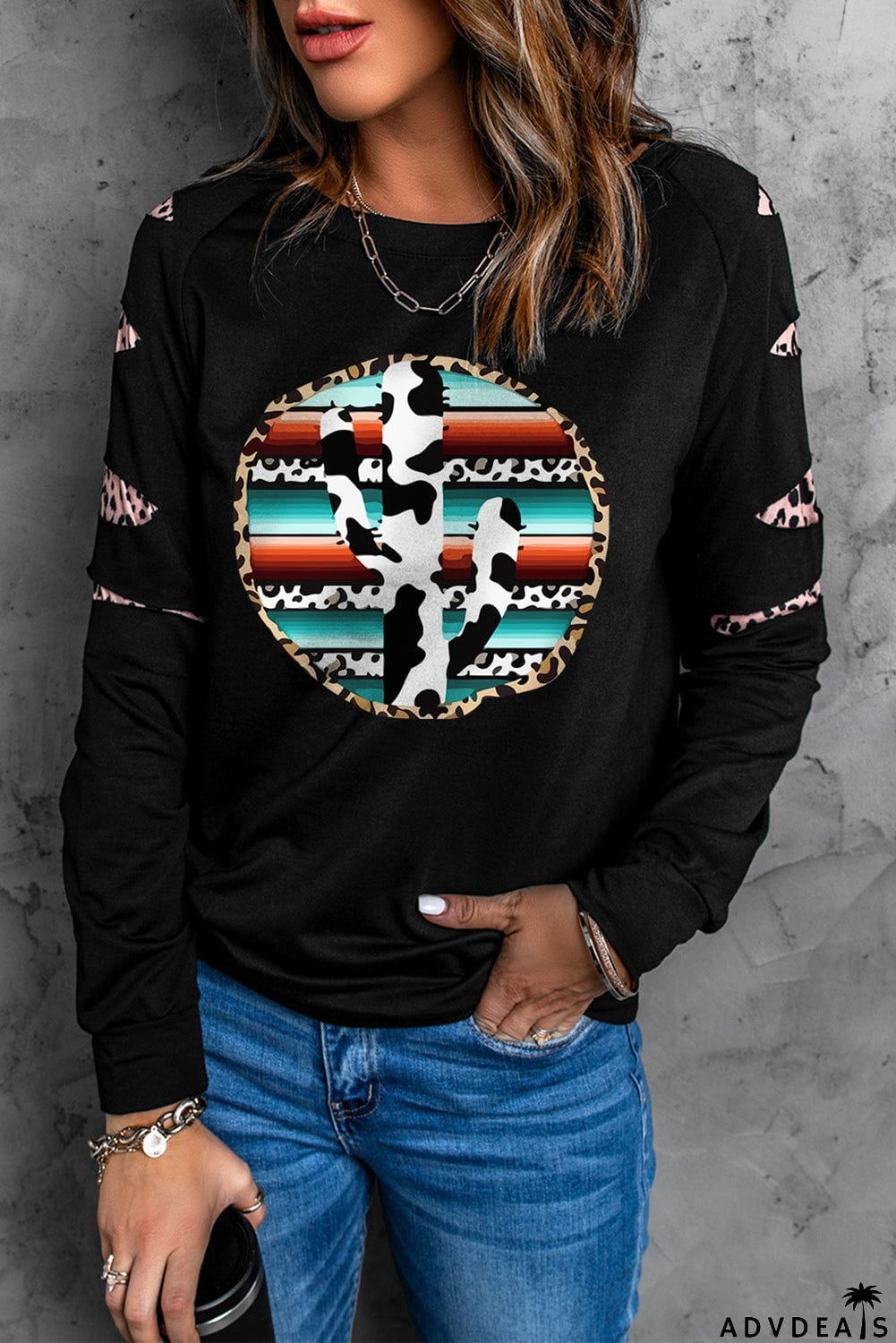 Cow Cactus Graphic Print Contrast Long Sleeve Sweatshirt
