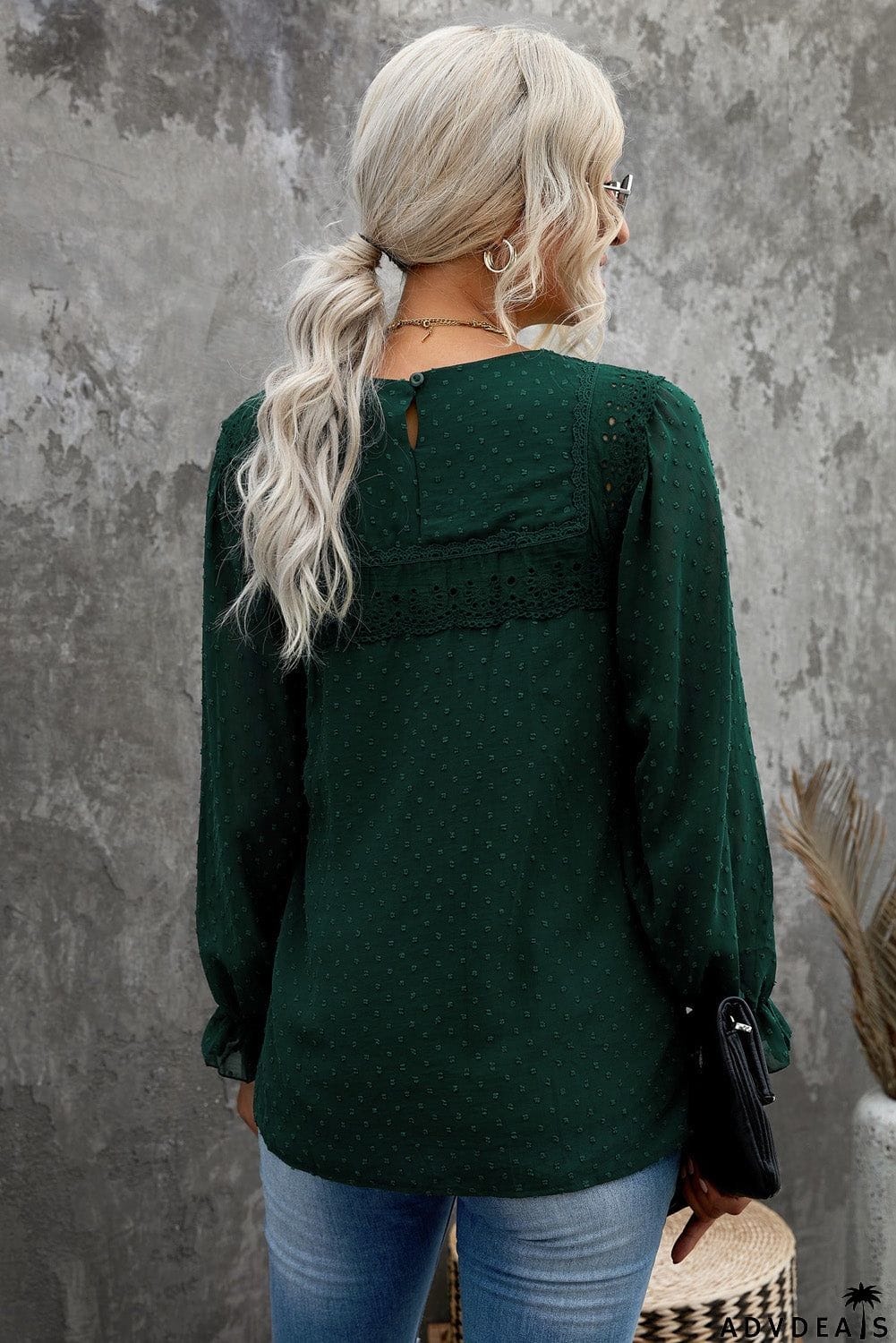 Swiss Dot Hollow Out Ruffle Sleeve Blouse