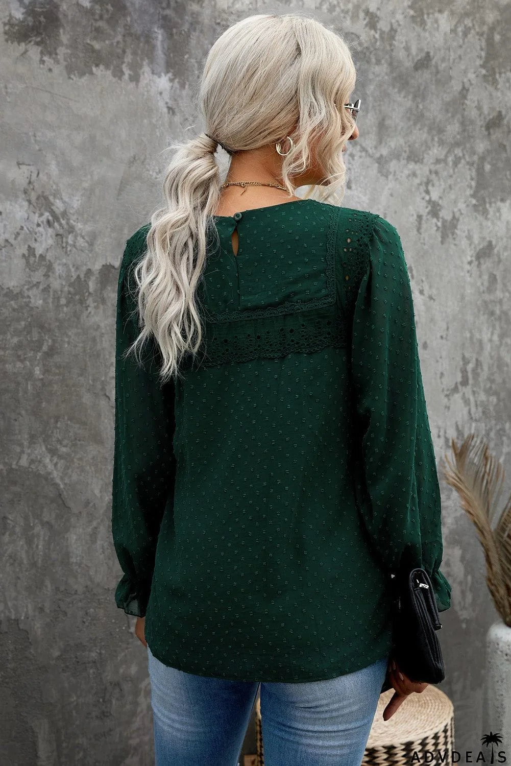 Swiss Dot Hollow Out Ruffle Sleeve Blouse