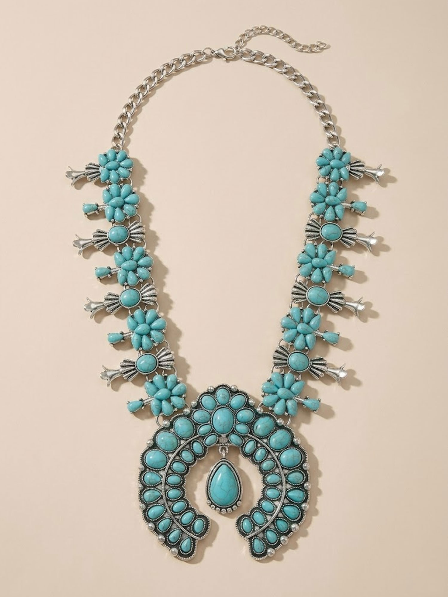 Western Gala & Boho Maxi  &mdash; Vintage Antique Silver Turquoise Naja Pendant Necklace