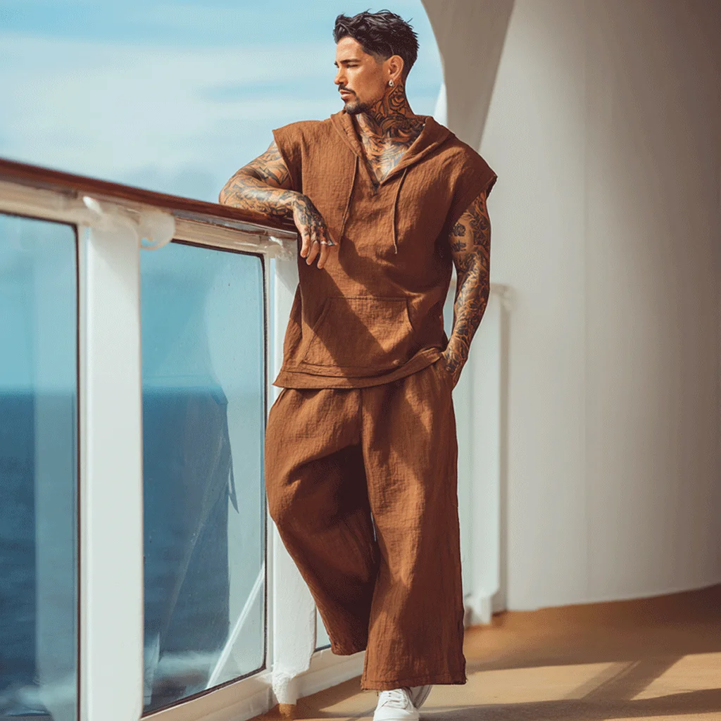 Linencotton Sleeveless Hoodie Set-inspireuse