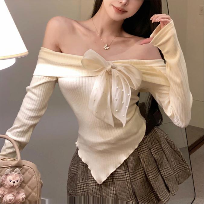 Aiertu outfit Spring off-Shoulder Big Bow off-Shoulder Long Sleeve T-shirt Women's Sweater Top Bottoming Sweater aiertu