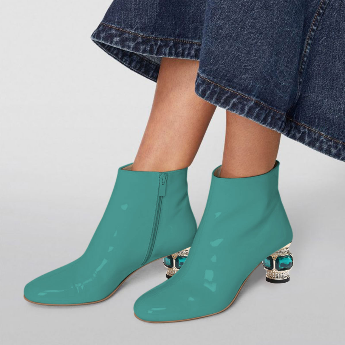 Turquoise Pointed Toe Decorative Heel Sophisticated Boots Nicepairs