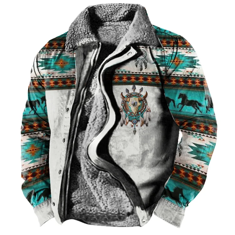 Men's Vintage Western Region Printed Fleece Warm Jacket