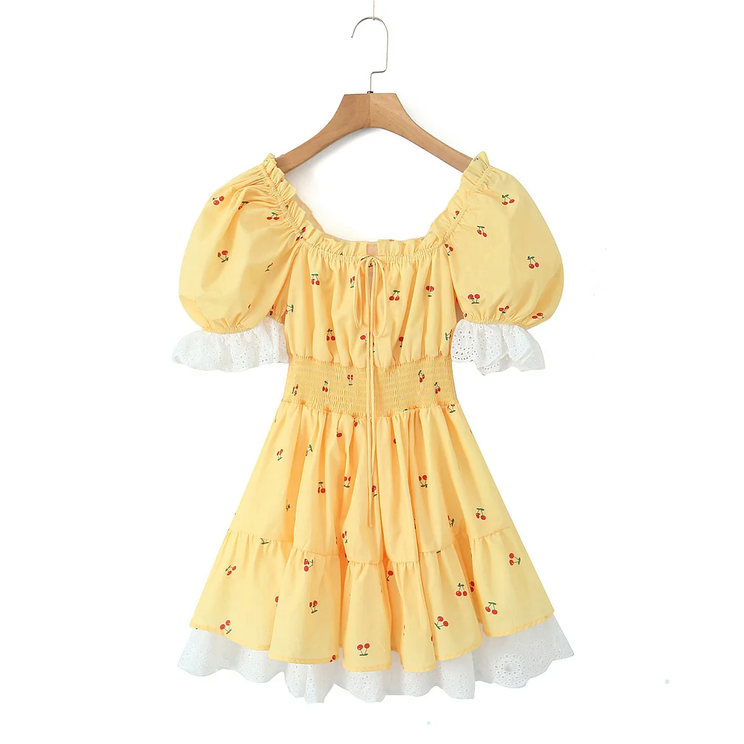 Nncharge Princess Yellow Cherry Print Spliced Lace Corset Style Mini Dress Women Puff Sleeve Slim Waist Ruffle Hem Cake Party Robe