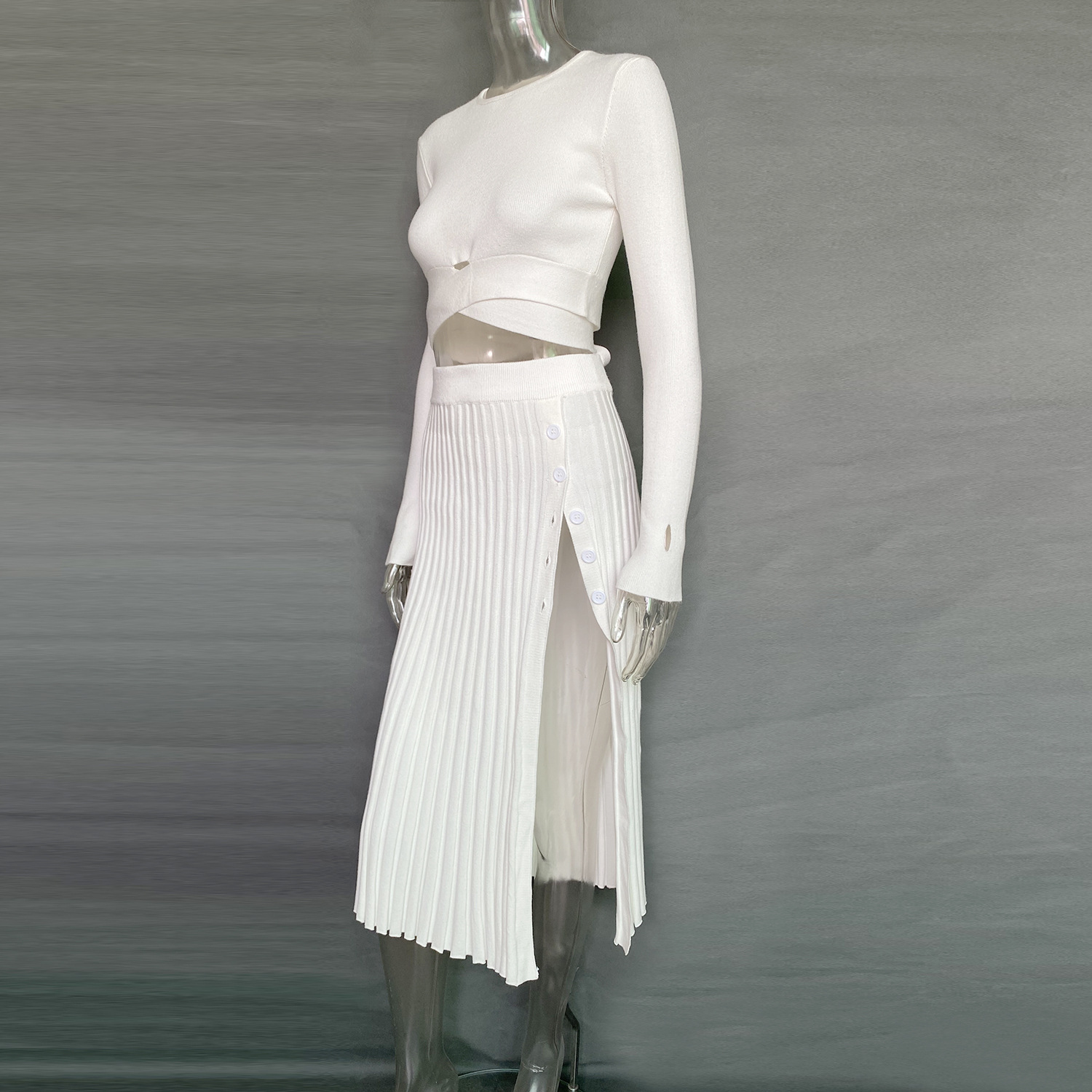 Ootddress New White Knit Two Piece Women Sets Fall Ribbed Crop Top And Pleated Knitted Skirt Suits For Women Midi Dress Sets 2025