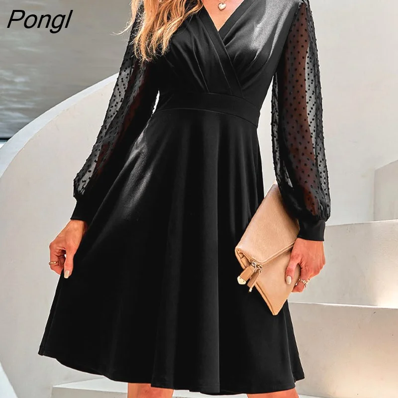 Pongl Commute Solid Color V-Neck Female Elegant Dresses 2022 Autumn Basic Gauze Long Sleeve Folds Knee Dress Women's Clothing