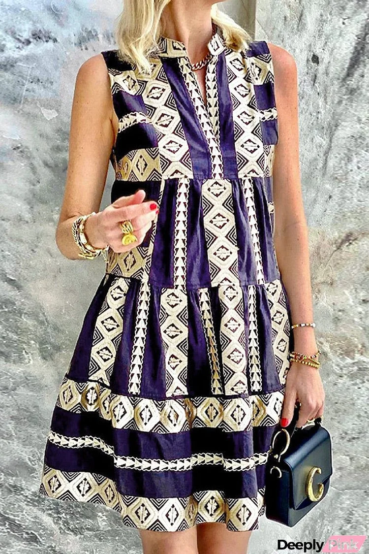 Fashion Street Print Patchwork V Neck A Line Dresses