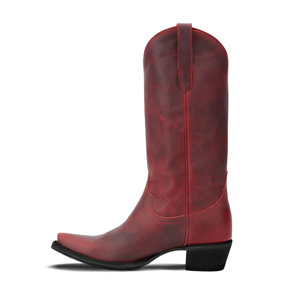 Maroon Comfort Chunky Heel Mid Calf Pull On Cowgirl Boots for Women