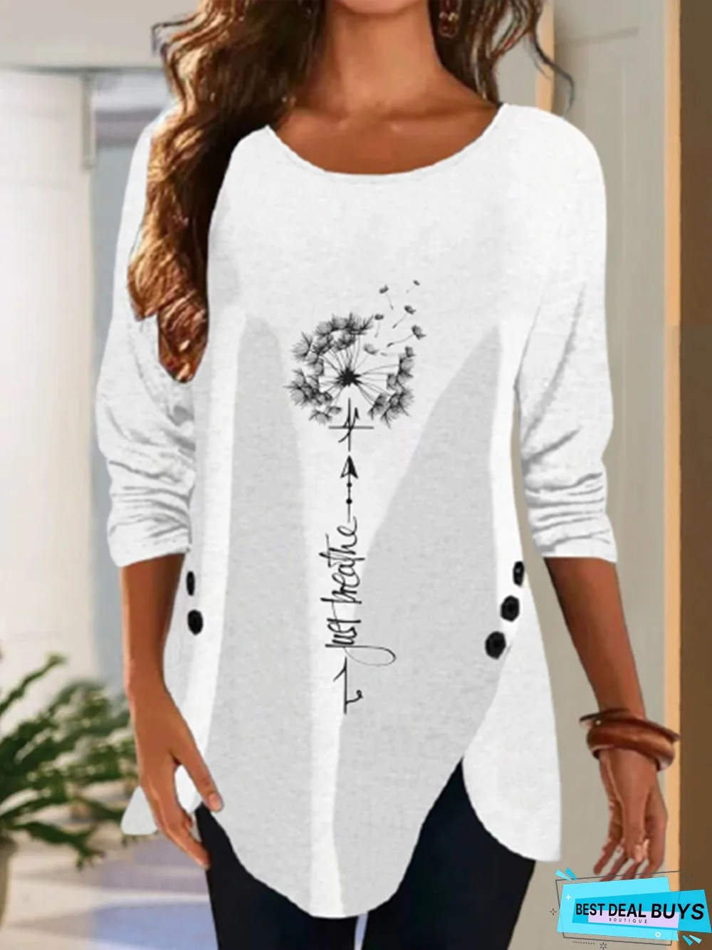 Casual Autumn Dandelion Lightweight Loose Jersey Long sleeve Mid-long H-Line Tunic T-Shirt for Women