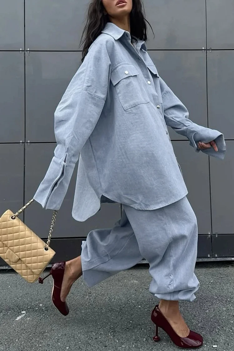 Plus Size Business Casual Light Blue Shirt Collar Long Sleeve Pocket Casual Denim Two Piece Pant Sets [Pre-Order]