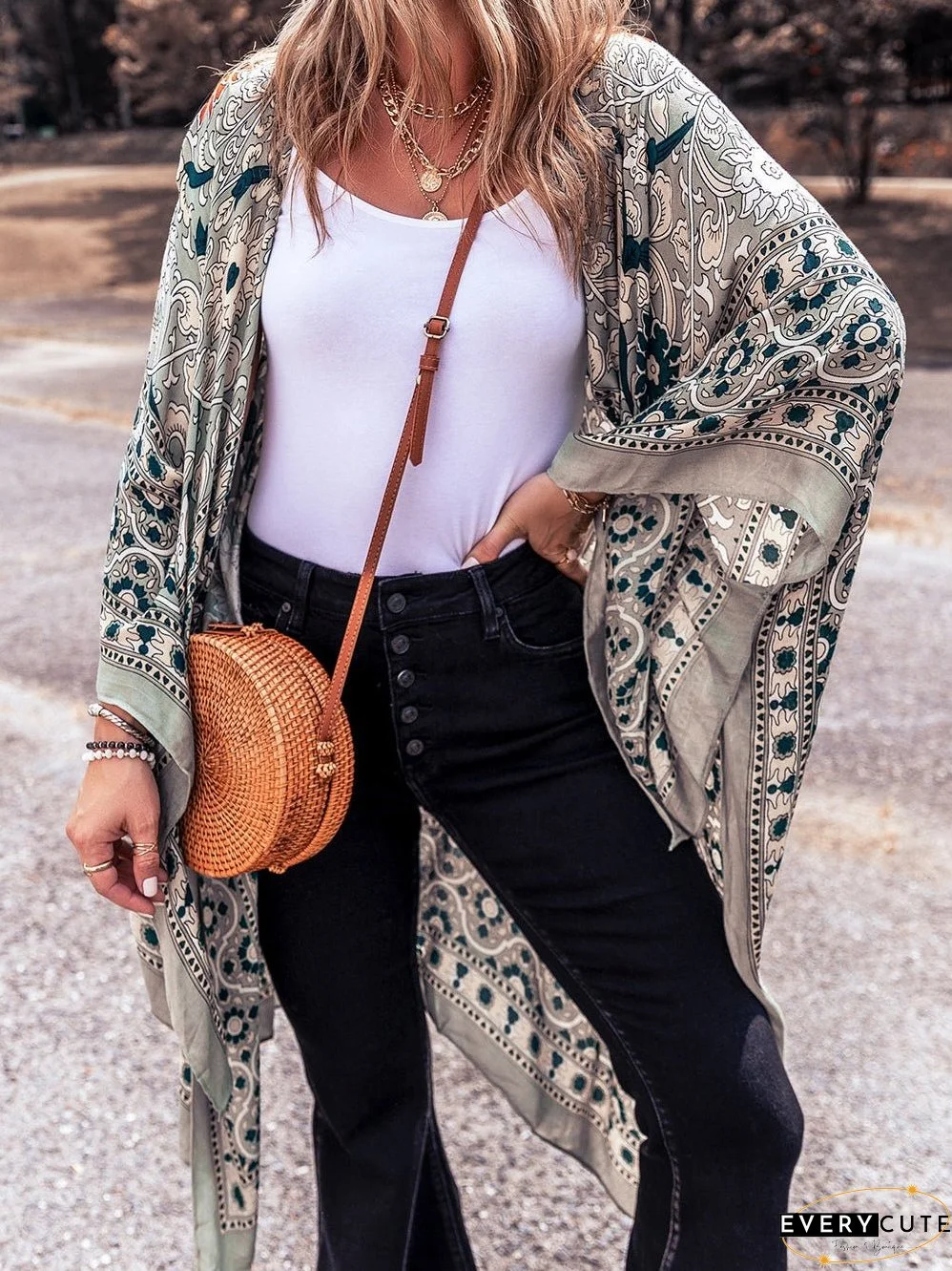 Vintage Green Floral Print Long Kimono with Split Front