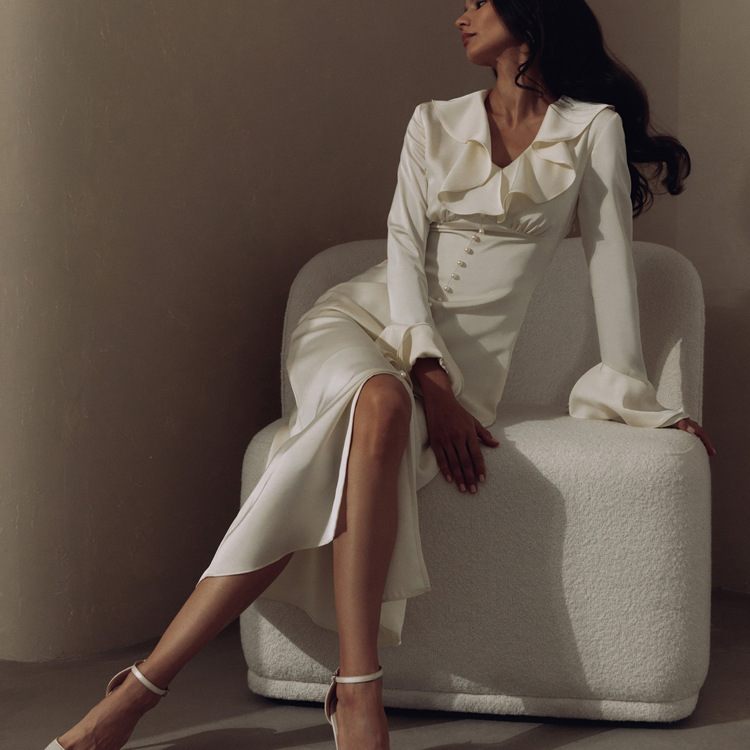 Ootddress Ruffled Elegant For Women Long Dress Fashion V-Neck Patchwork Long Sleeve Slim Party Dress Gown White Spring Maxi Dress