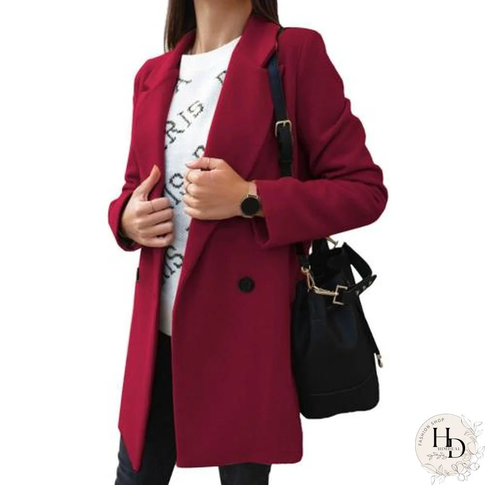 Women Woolen Coat Autumn Winter Fashion Wide Lapel Double-line Buttons Warm Coat Outwear Mid-Long Korean Temperament