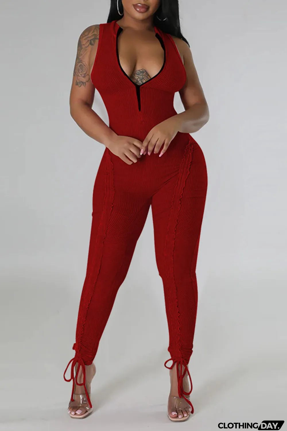 Light Blue Casual Solid Patchwork Stringy Selvedge Zipper Collar Skinny Jumpsuits