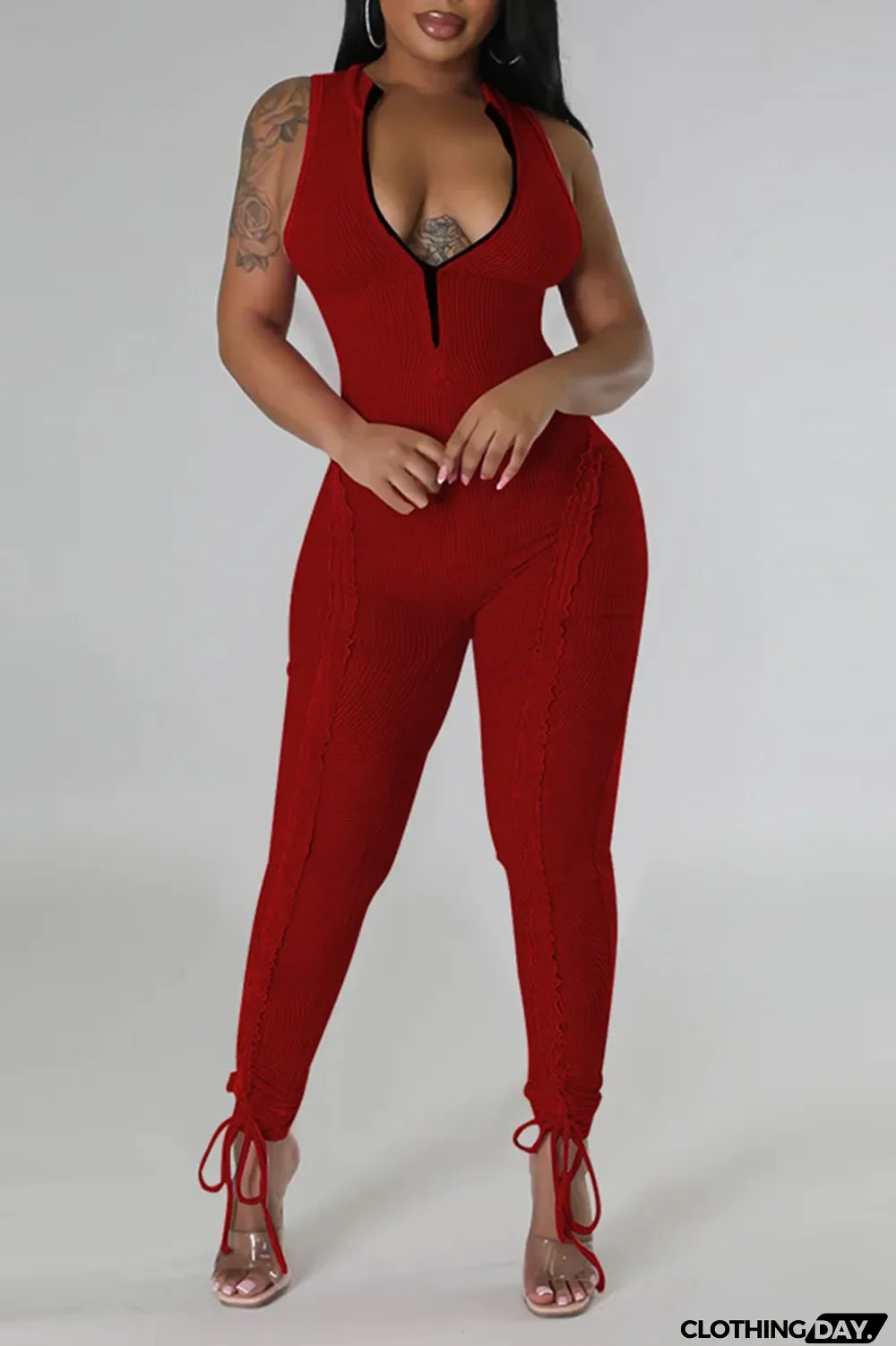 Light Blue Casual Solid Patchwork Stringy Selvedge Zipper Collar Skinny Jumpsuits