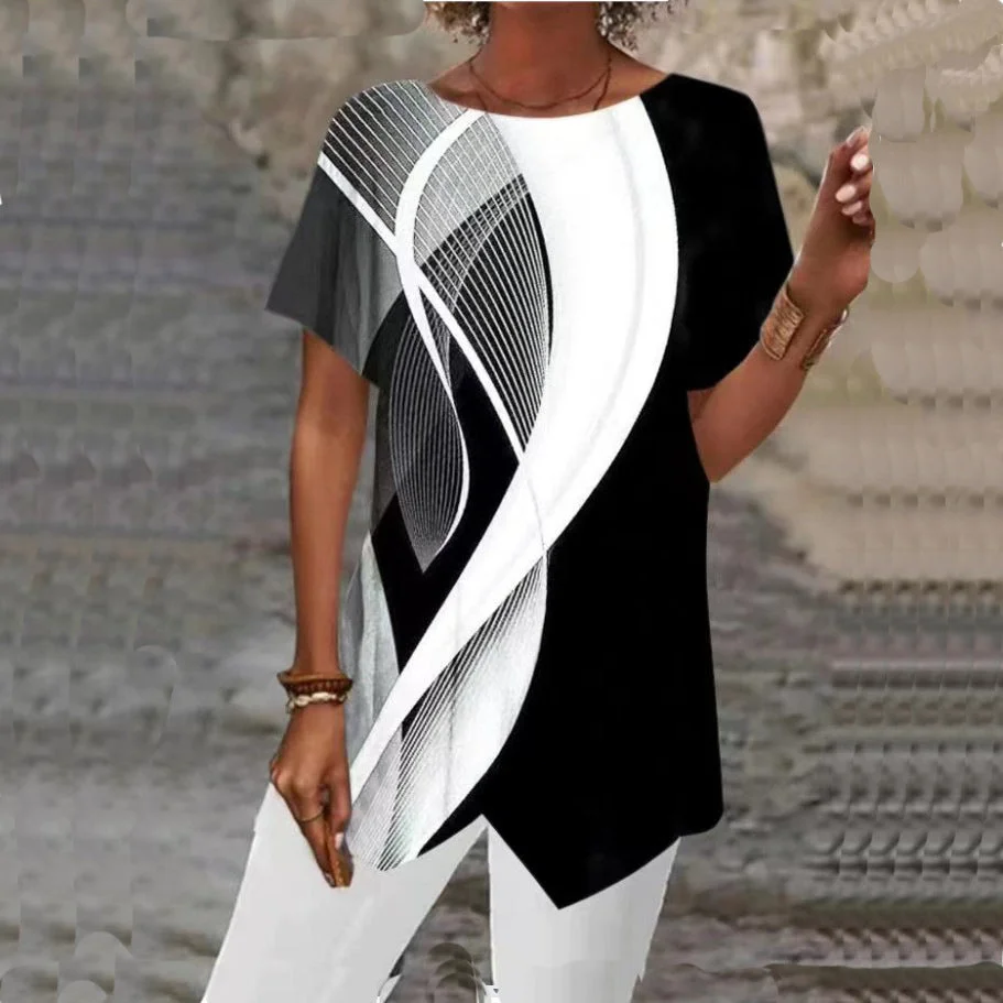 Uveng Geometric Print Loose Sleeve Irregular Blouses