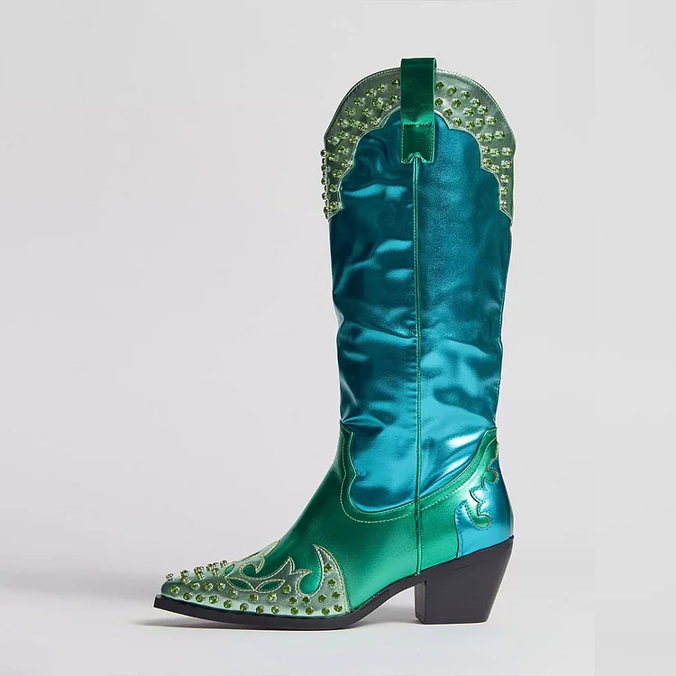 Green & Blue Metallic Rhinestone Western Knee High Cowgirl Boots |FSJ Shoes