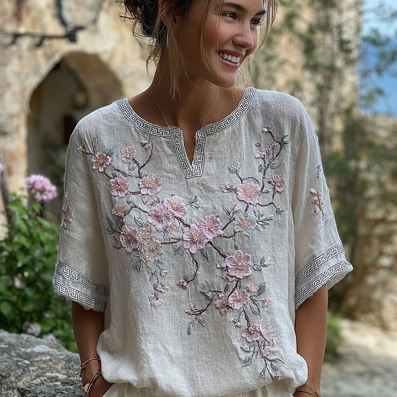 Women's Vintage Japanese Sakura Print Linen Blend Short Sleeve T-shirt elevenforest