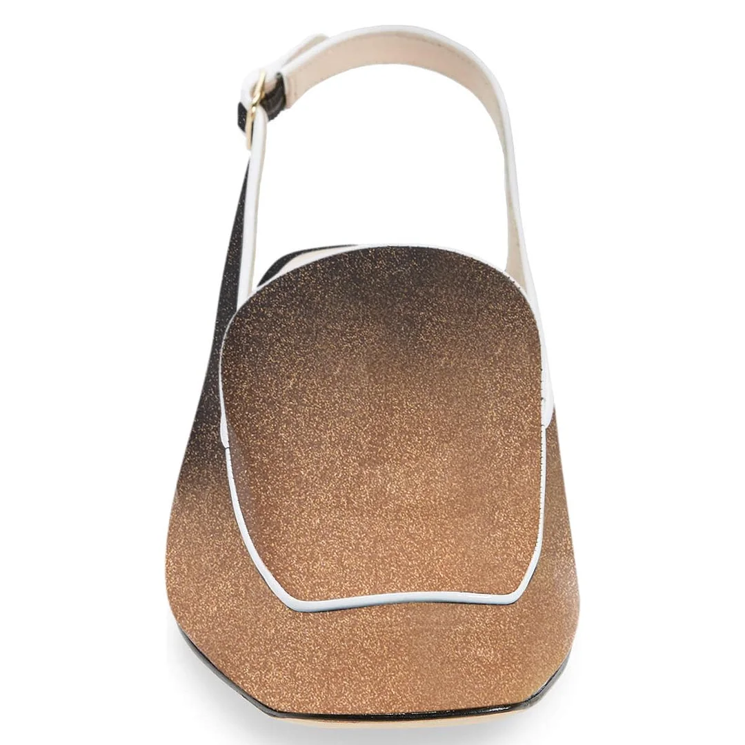 Gold & Black Gradient Square Toe Glitter Slingback Heeled Loafers