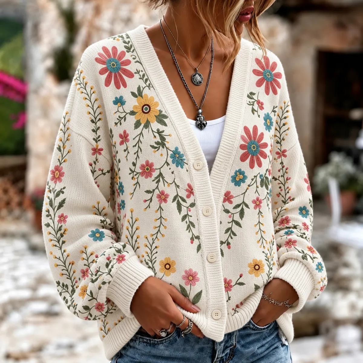 Comstylish Women's Retro Floral Pattern Art Print Casual Knit Cardigan