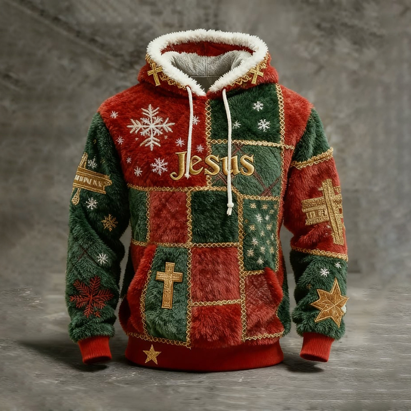 Men's Vintage Christmas Jesus Patchwork Art Print Plush Warm Hoodie elevenforest