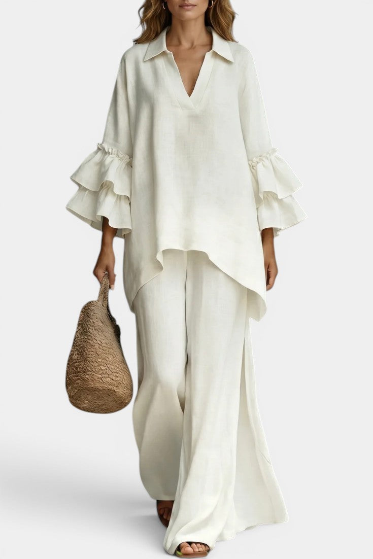 Ruffled Sleeve Tunic with Asymmetrical Hem & Wide-Leg Pants