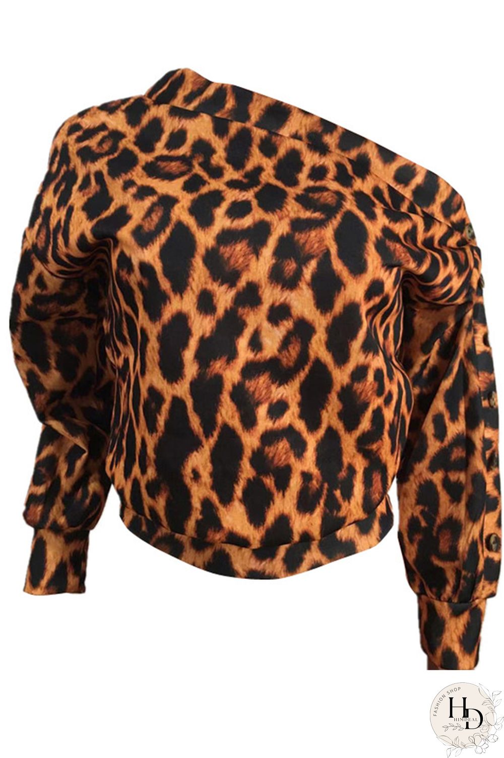 Black One Shoulder Collar Print Polyester Print Long Sleeve