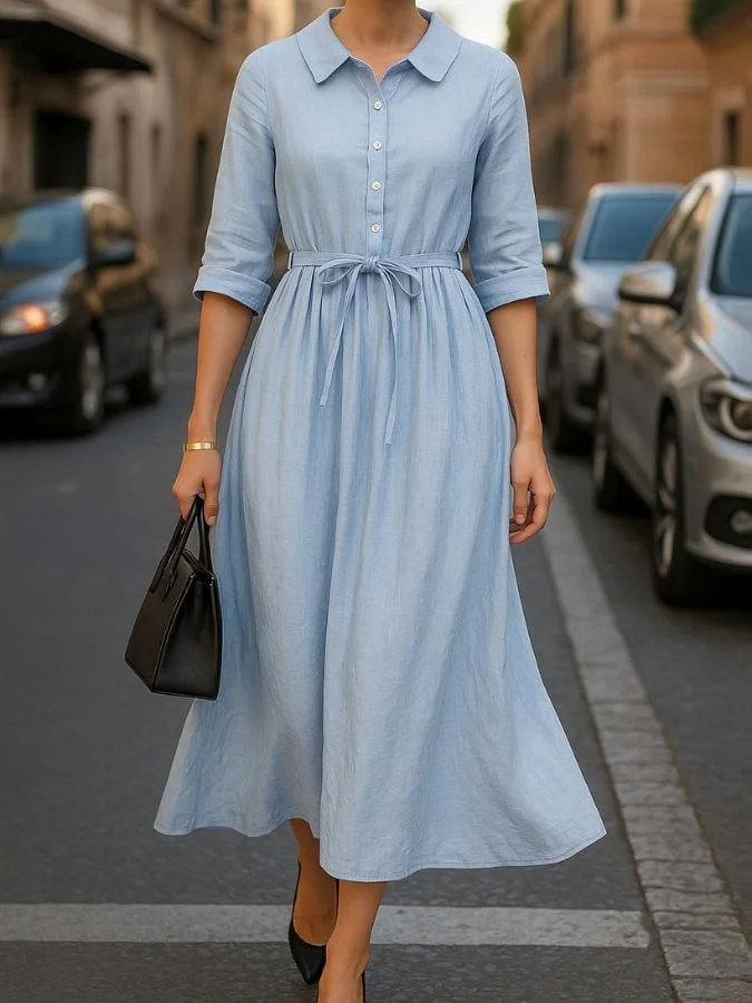 Women's Casual Solid Color Lapel Cotton and Linen Dress 