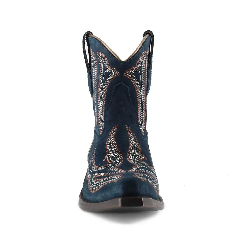 Snip Toe Block Low Heel Embroidered Navy Cowboy Boots for Women