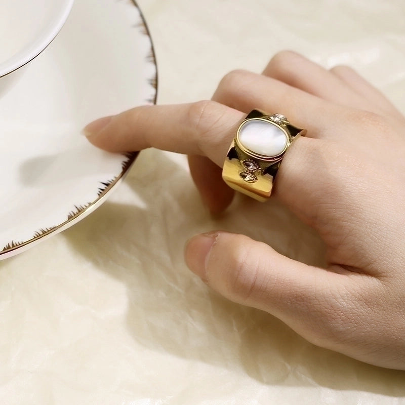 Retro Geometric Titanium Steel Rhinestones Opal 18K Gold Plated Plating Inlay Rings