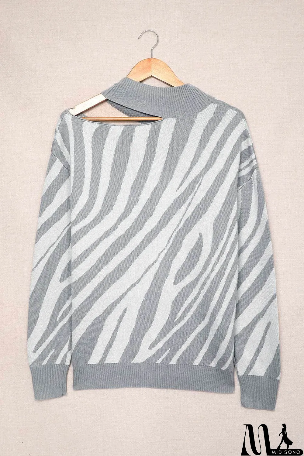 MidiSono - Gray Zebra Print Mock Neck Cold Shoulder Sweater