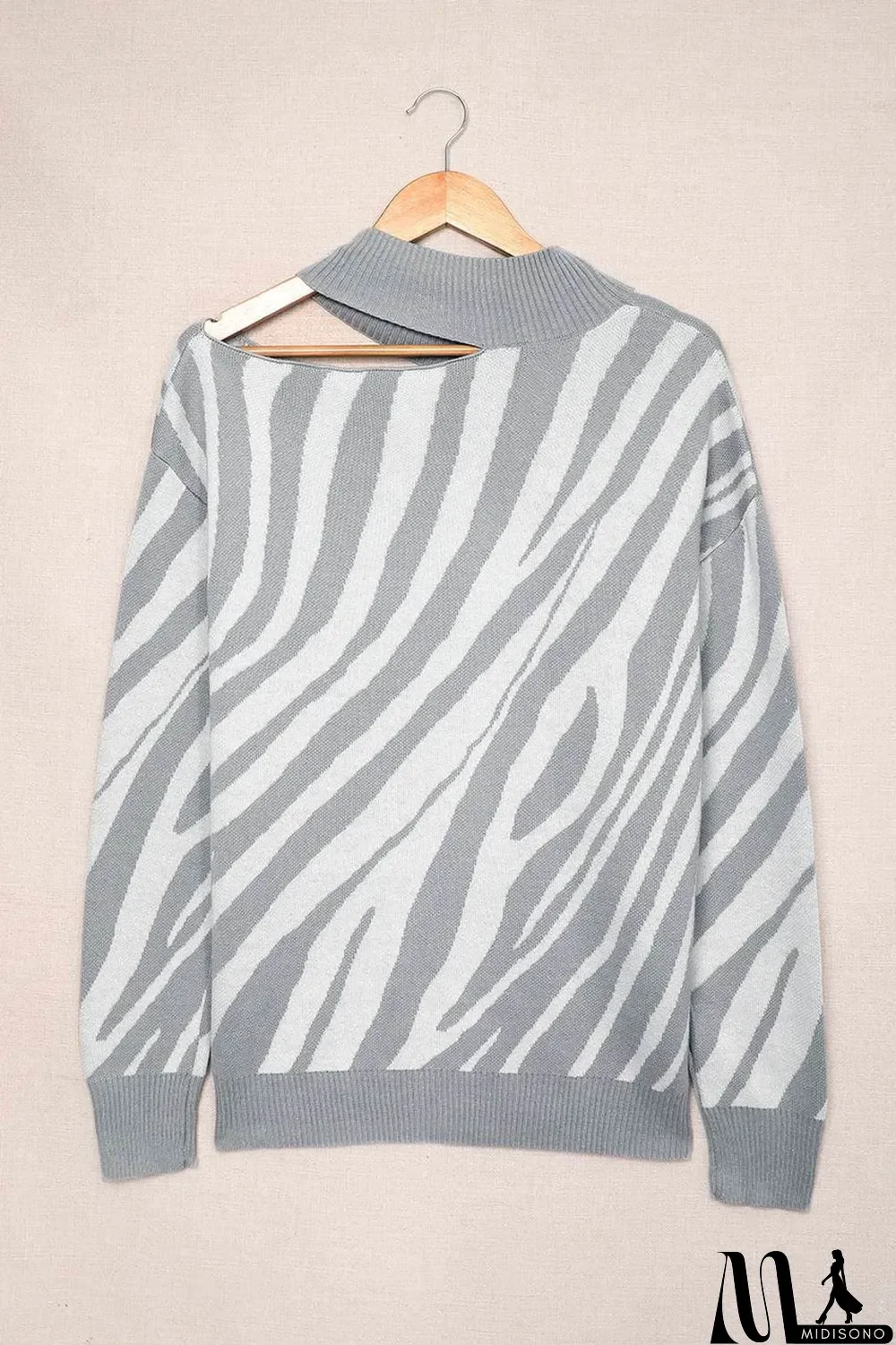 MidiSono - Gray Zebra Print Mock Neck Cold Shoulder Sweater
