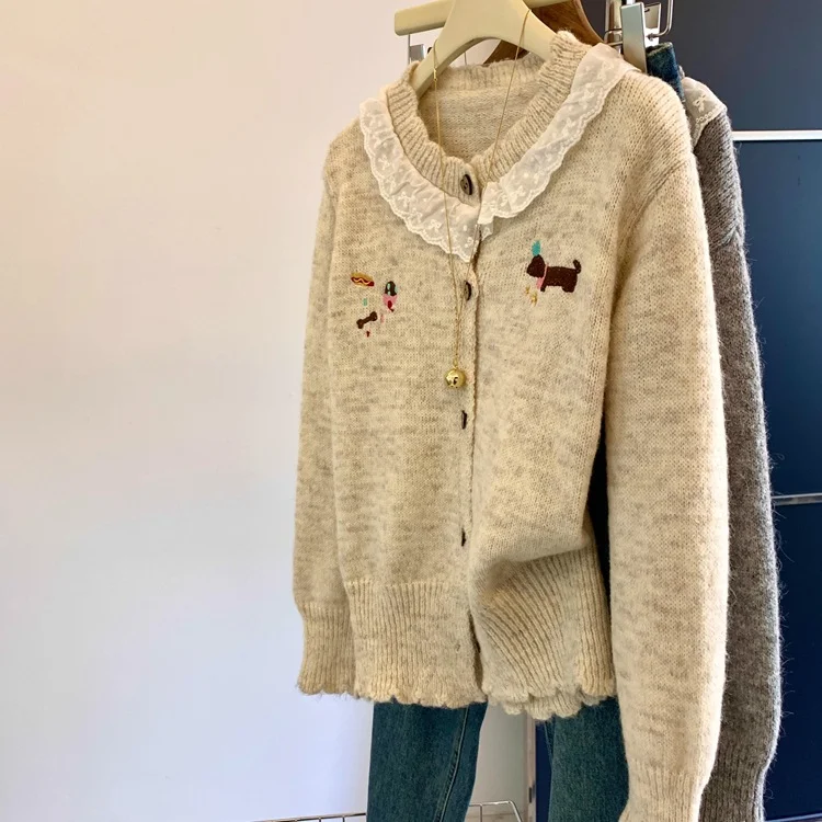 Athvotar Athvotar Neckpeek Tat-Stip-Up T-Shirt Coat Women's Autumn And Winter New Gentle Wind Cartoon Puppy Embroidered Long-Sleeved Sweater