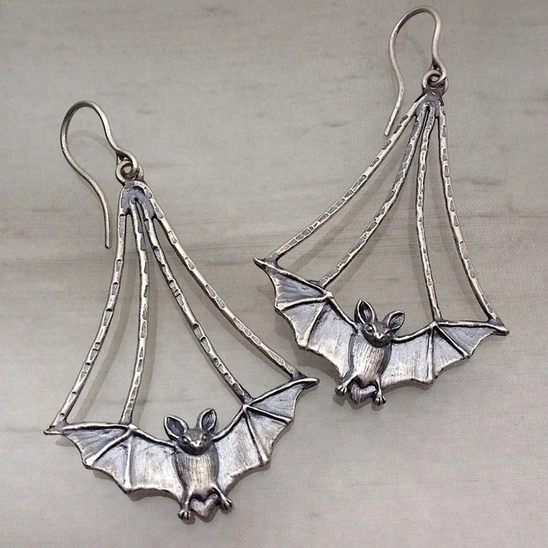 Vintage Metal Hand Carved Bat Earrings 925 Silver Post Ladies Hook Drop Earrings Hypoallergenic Drop Earrings