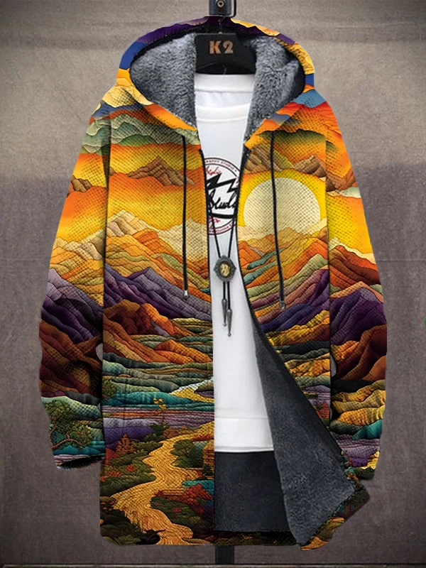 Men's Stacked Mountains Sunrise Landscape Print Hooded Trench Coat