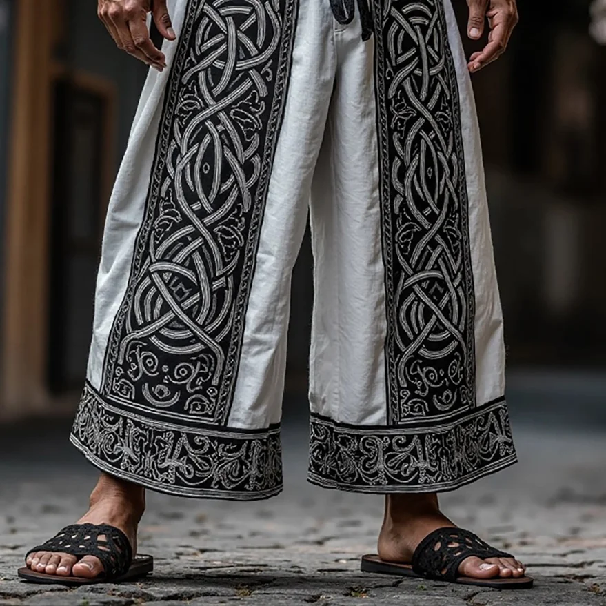 Elegant Embroidered Wide-Leg Trousers with Traditional Design-inspireuse
