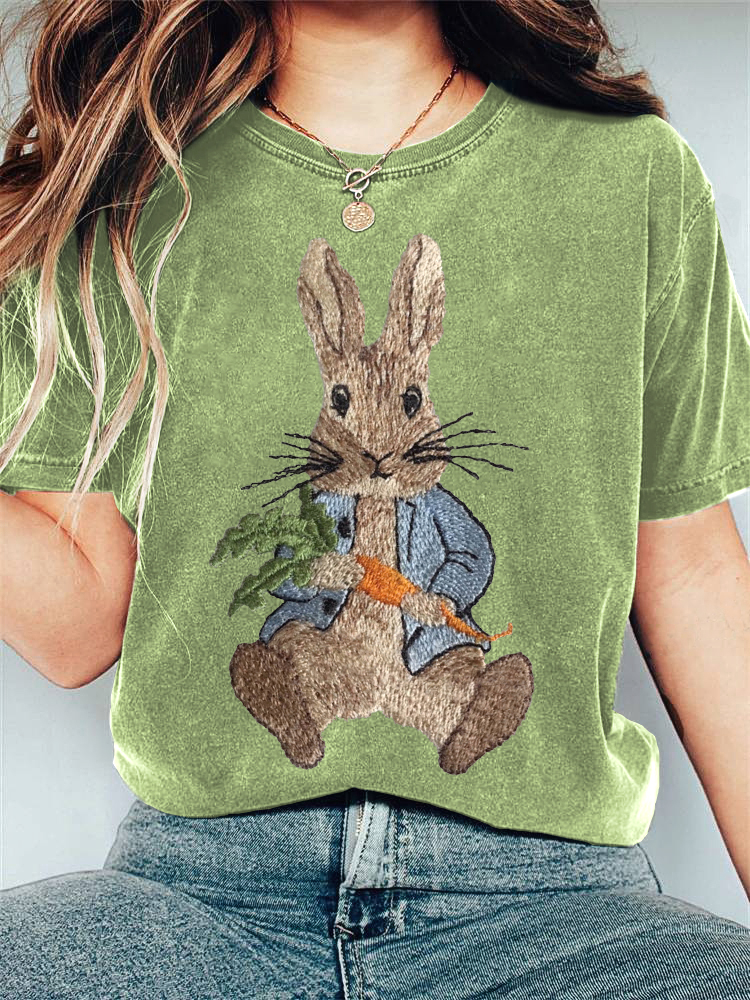 Comstylish Cute Bunny Embroidery Pattern Casual T-Shirt