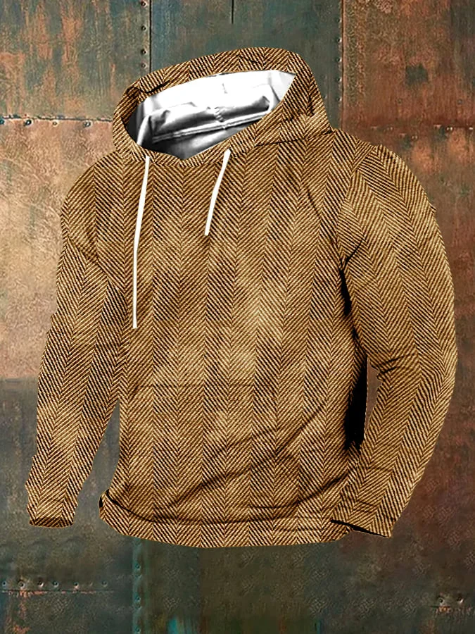 Men's Western Vintage Herringbone Print Hooded Sweatshirt