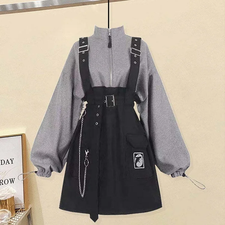 Punk Stand Collar With Zipper Long Lantern Sleeve Contrast Color Patchwork Dress