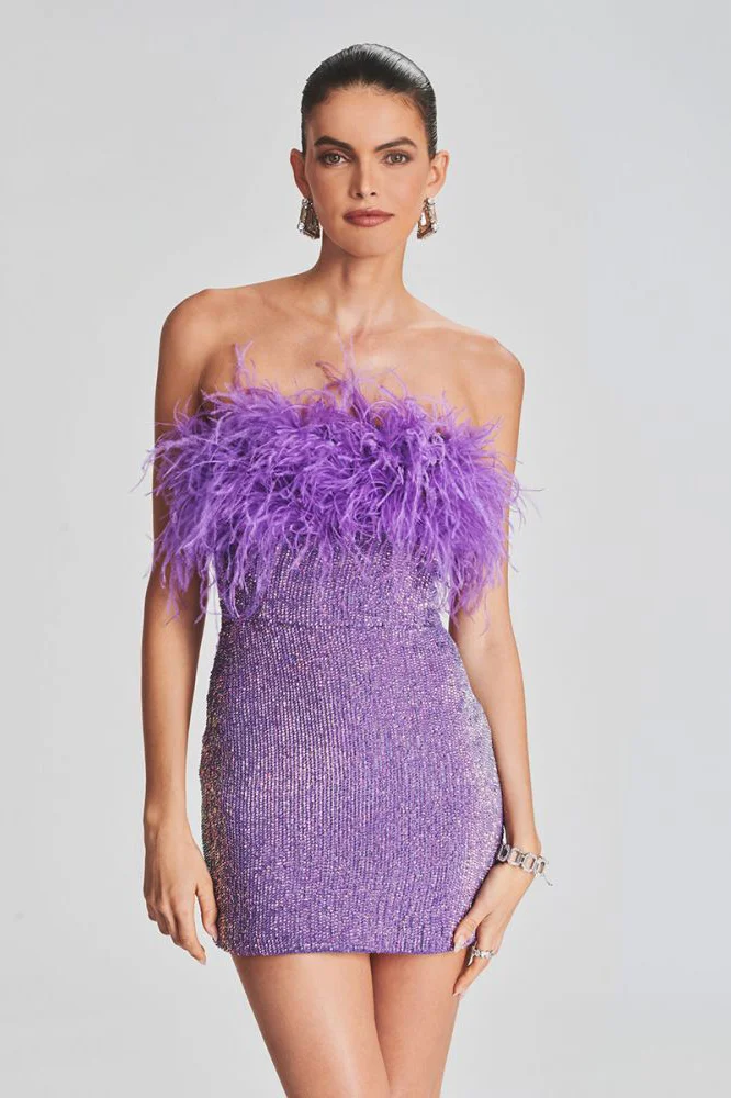 Sequin Strapless Feather Trim Bodycon Mini Party Dresses
