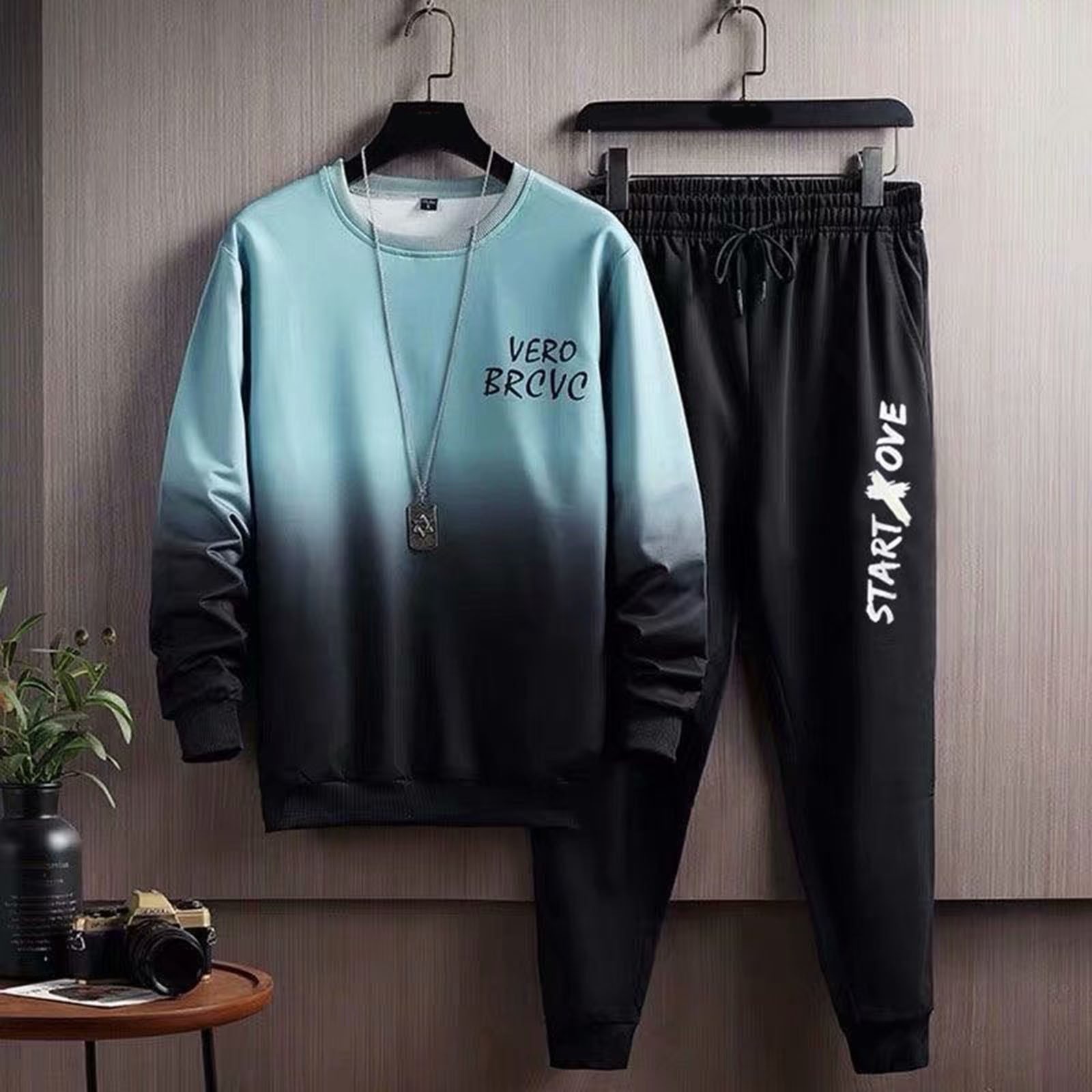 Thoval Men'S Sets 2 Piece Sweatpants Winter Sports Plus Fleece Gradient Print Hoodie Pant Suit Men Casual Suits Slim Fit Outfits