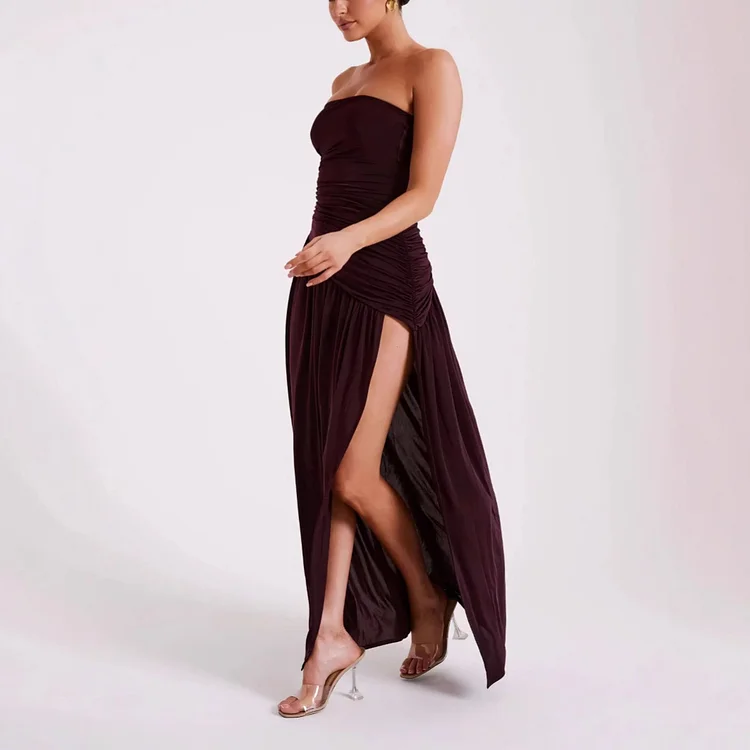 Burgundy Strapless Ruched High-Slit Maxi Dress