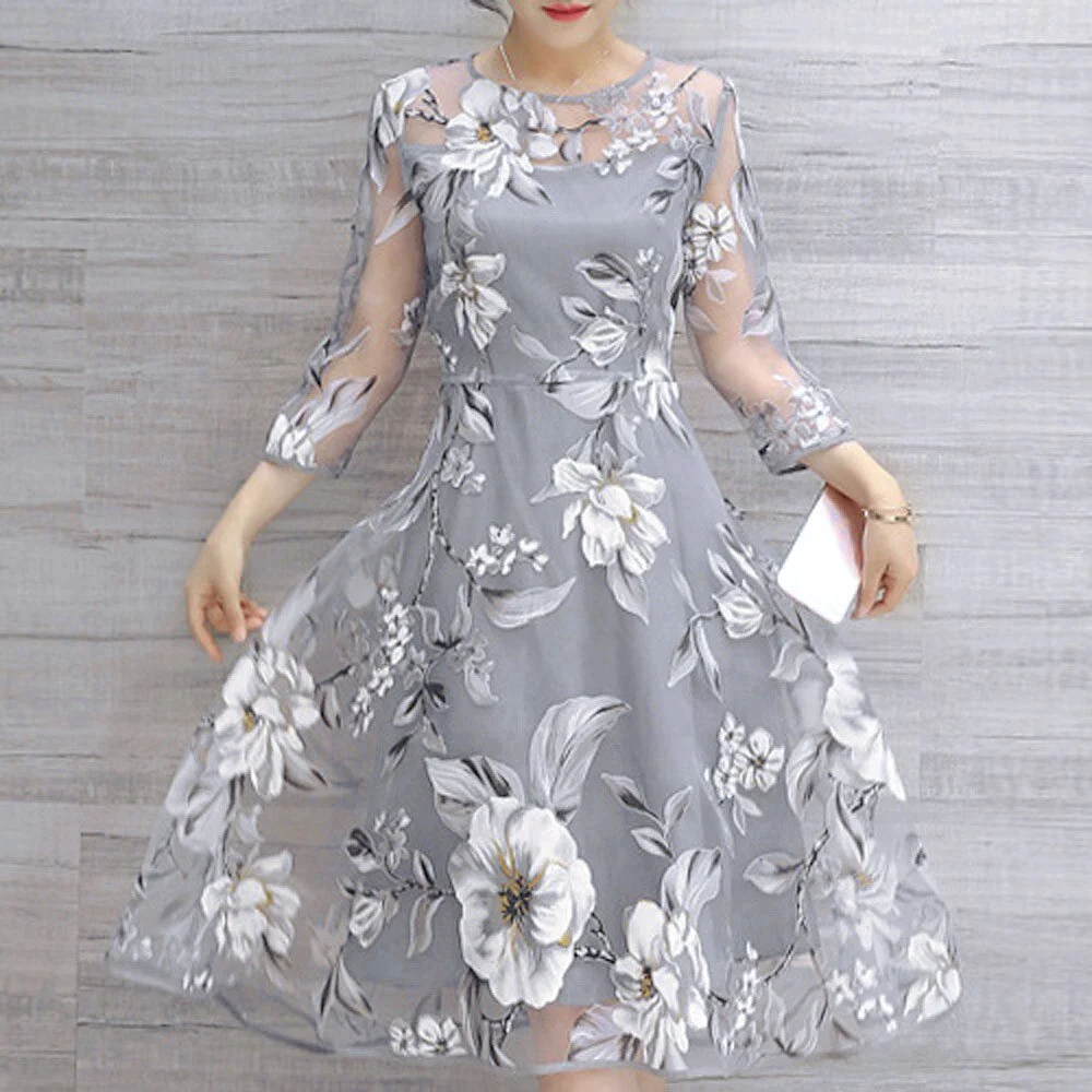 Midi Dress Women O Neck 3/4 Mesh Sleeve Floral Print Large Swing Double Layer Midi Dress  Women Summer Elegant Lady Dress