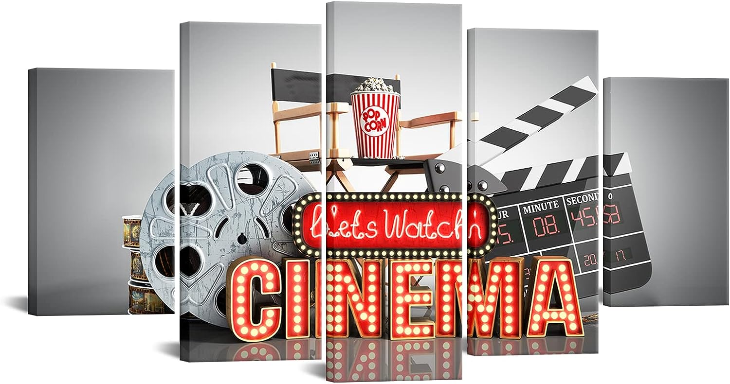 5 Piece Modern Artwork Movie Theater Old Movie Reel HD Stretched and Framed Canvas Prints Pictures Paintings on Canvas Wall Art for Living Room Decoration -Ready To Hang