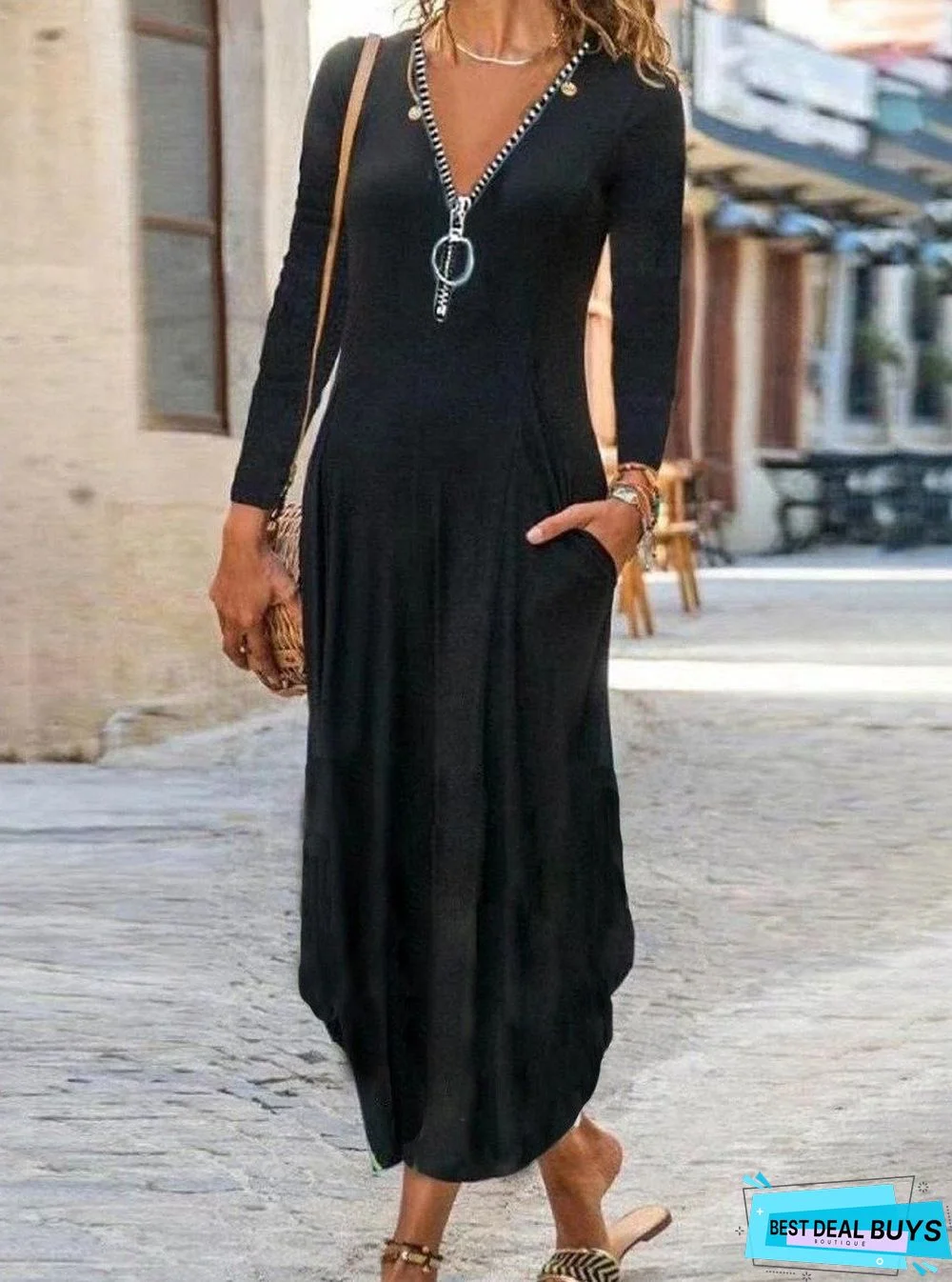 Women's Black V-Neck Fashion Maxi Dress Black Dresses