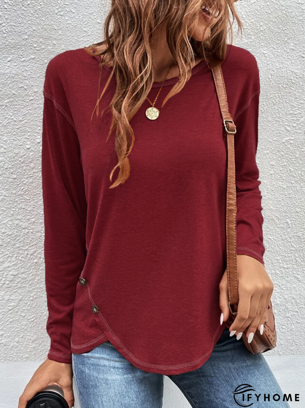 Casual Plain Autumn Cross Neck Micro-Elasticity Jersey Standard Regular H-Line Tunic T-Shirt for Women | IFYHOME