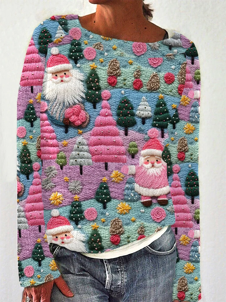Comstylish Pink Santa & Christmas Tree Print Casual Sweater